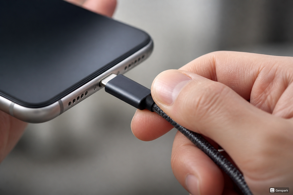 "A hand plugging a durable braided USB-C phone charger cord into a smartphone"